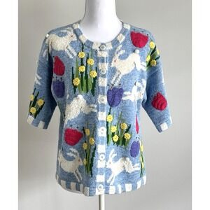 Phillip & Jane Gordon Design Pitons Embroidered Cardigan Sweater Rabbits Flowers
